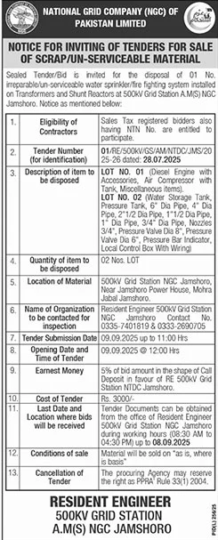National Grid Company of Pakistan Limited Jamshoro Tender Notice